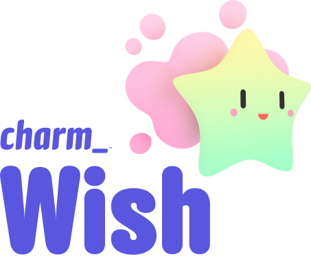 A nice rendering of a star, anthropomorphized somewhat by means of a smile, with the words ‘Charm Wish’ next to it
