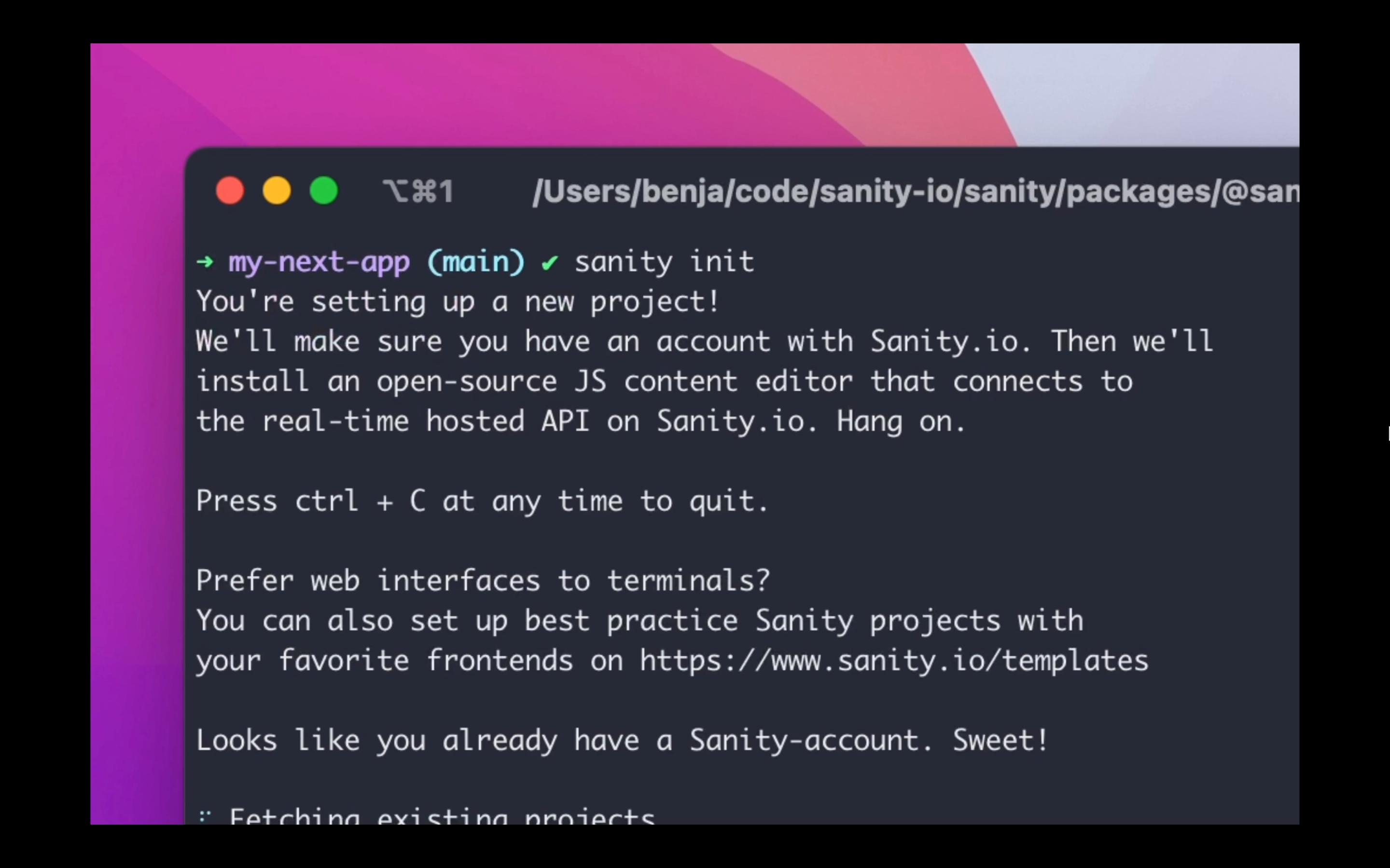 Command Line showing sanity init within a Next.js app