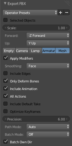 Blender FBX animation export settings