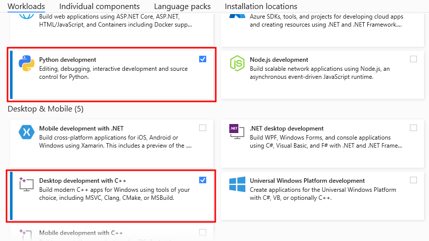 Visual Studio Required Workloads