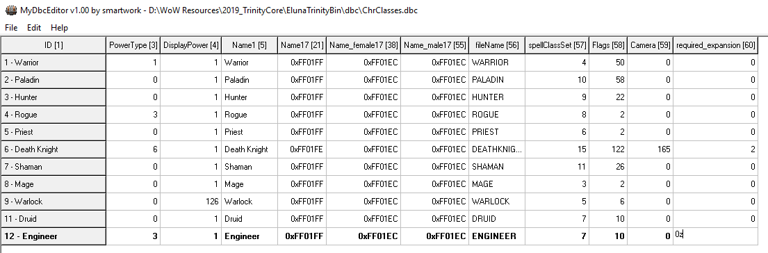 ChrClasses.dbc modified with MyDBCEditor