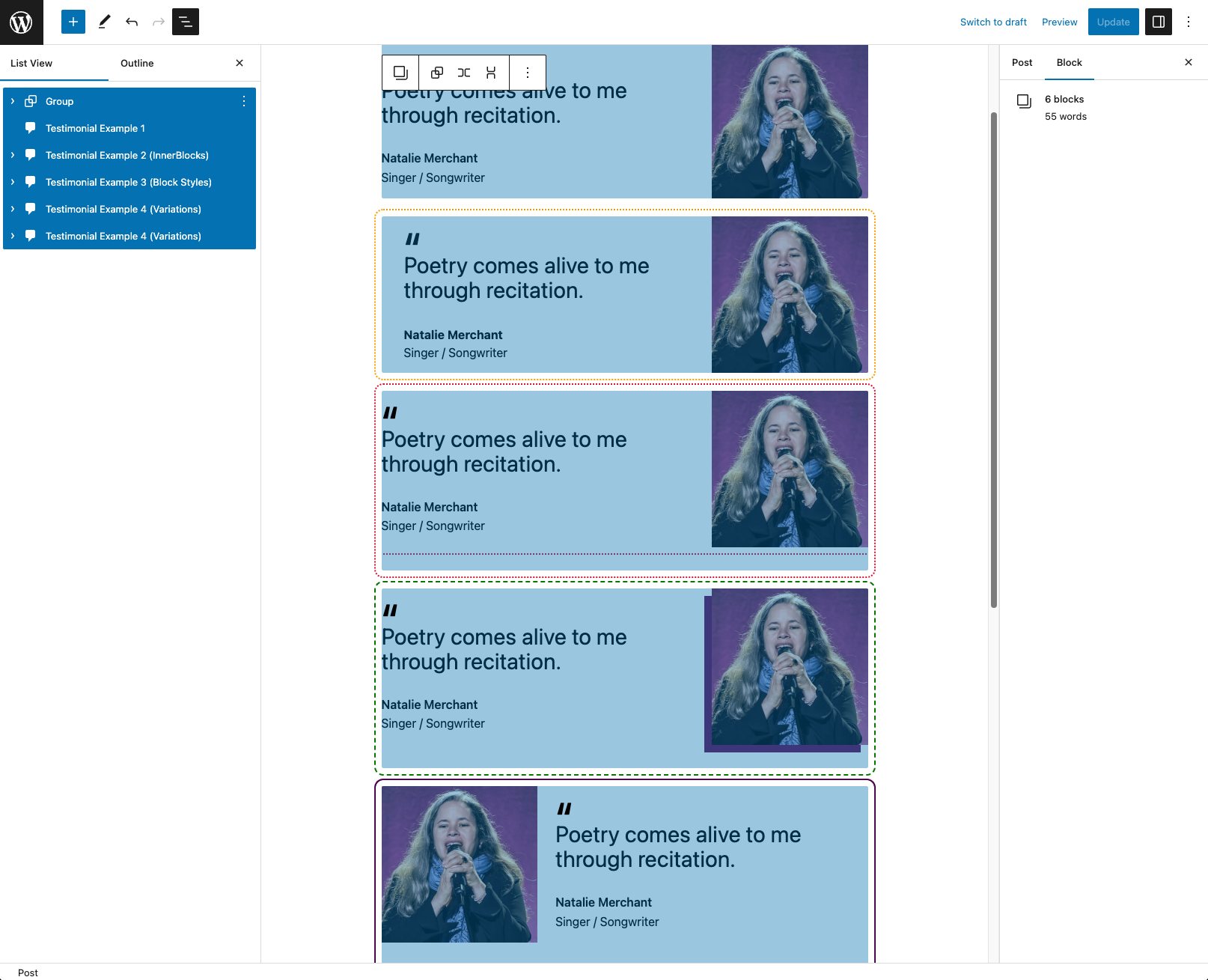 screenshot of WordPress block editor with testimonial blocks placed