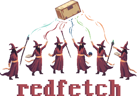 six wizards levitating a package, the word redfetch underneath