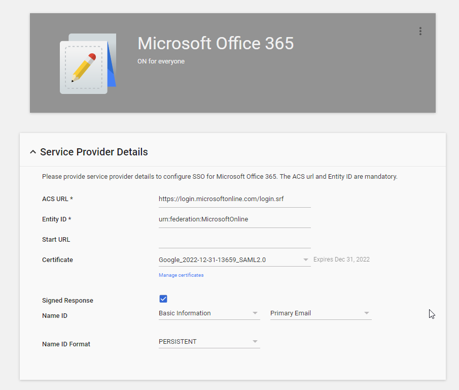 GSuite Office 365 Settings