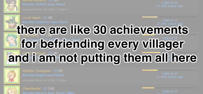 "there are like 30 achievements for befriending every villager and i am not putting them all here" over a backdrop of some achievements for befriending villagers.