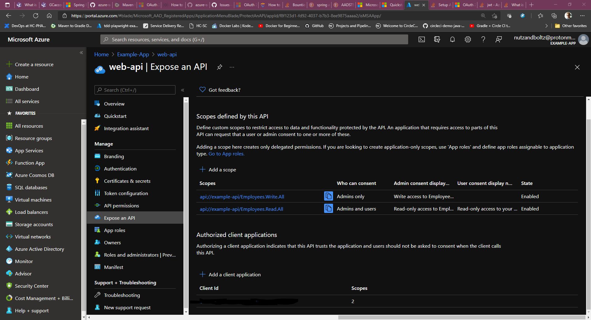 Web-api scopes and authorized client which matches web-app client