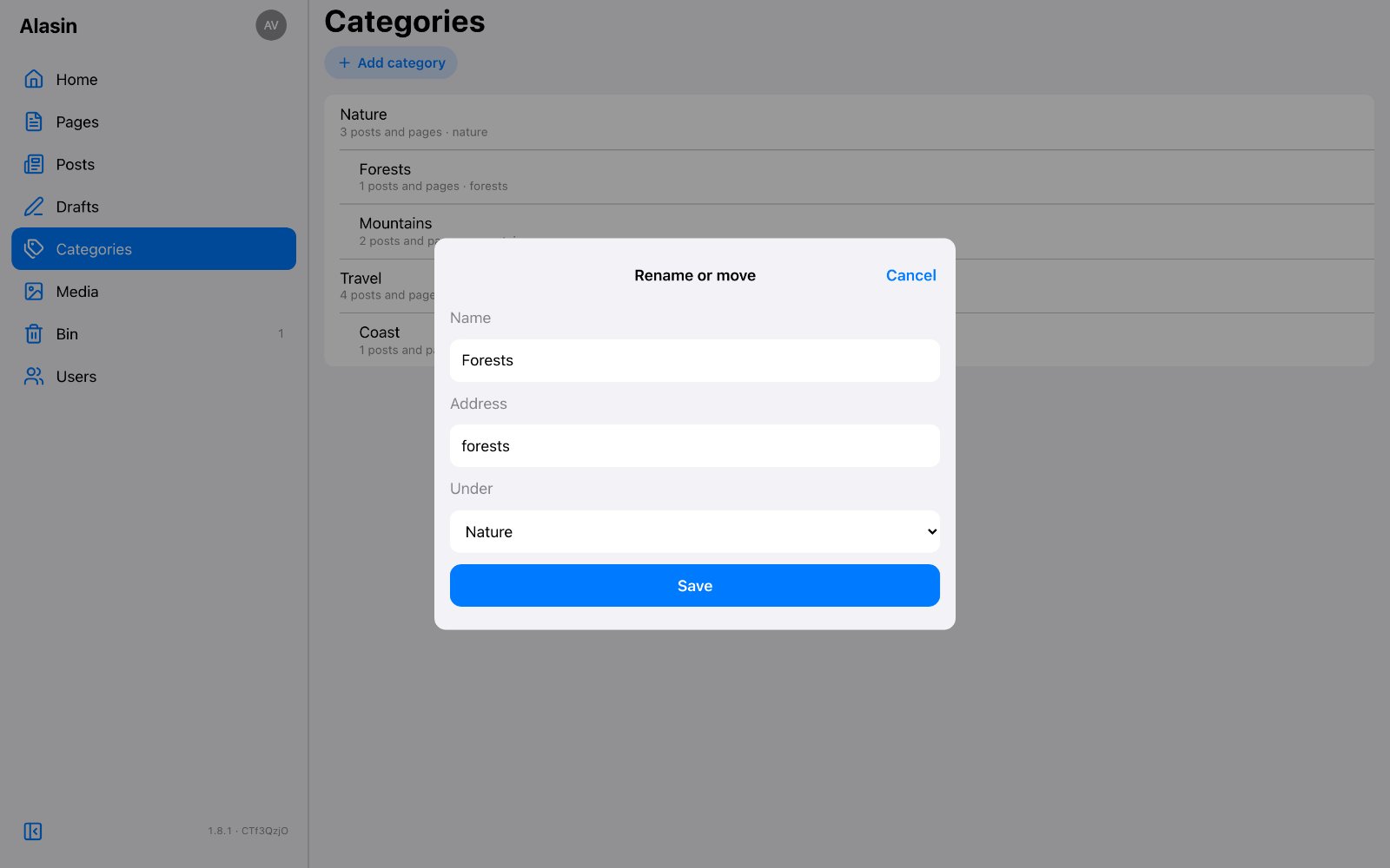 Rename or move: a category's name, address and the category it's under