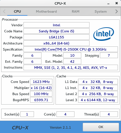 CPU-X on ArchLinux x86_64, GTK 3.16