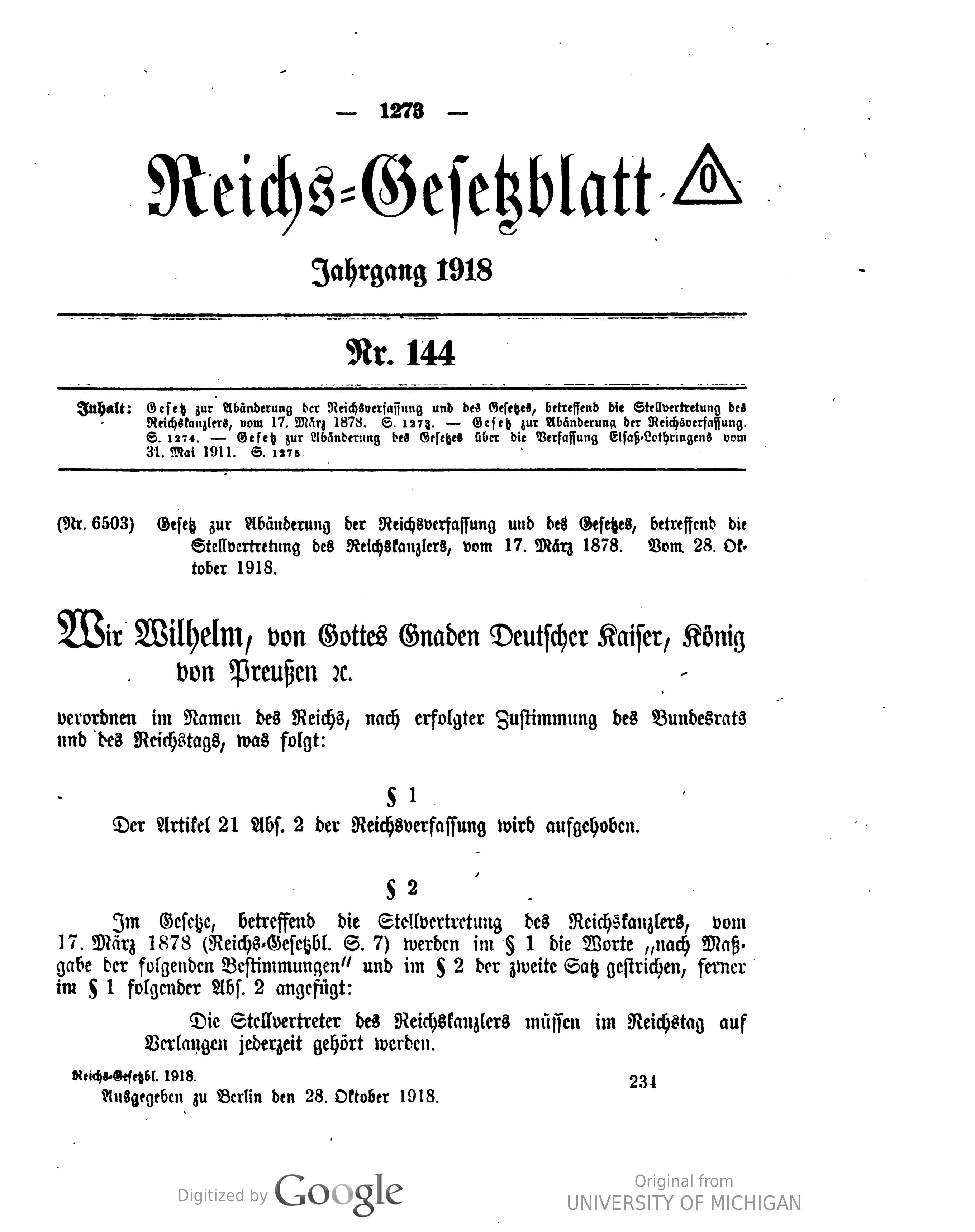 Reichsgesetzblatt 1918 Nr. 144 S. 1273