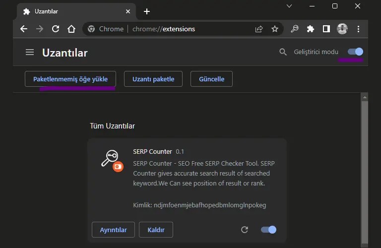 Chrome uzantılar developer mode açmak