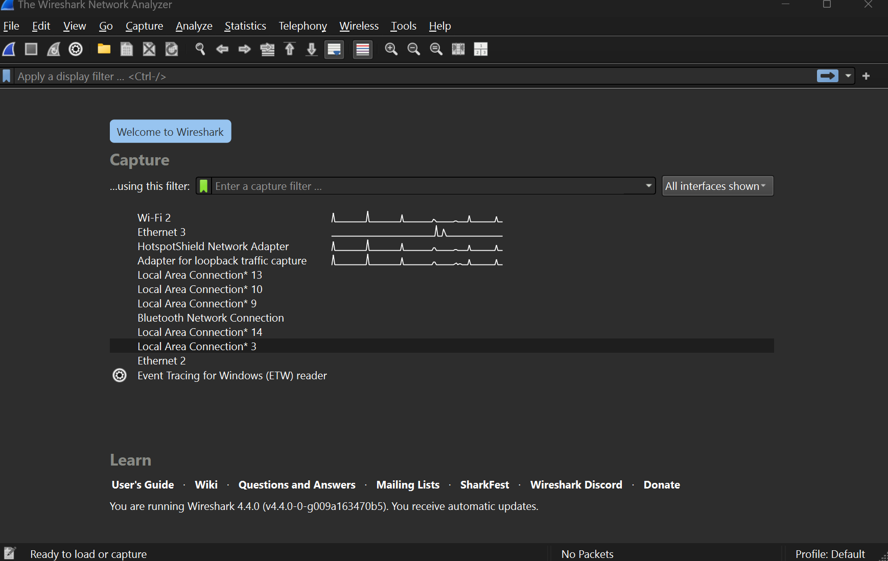 Wireshark interface list to choose from.