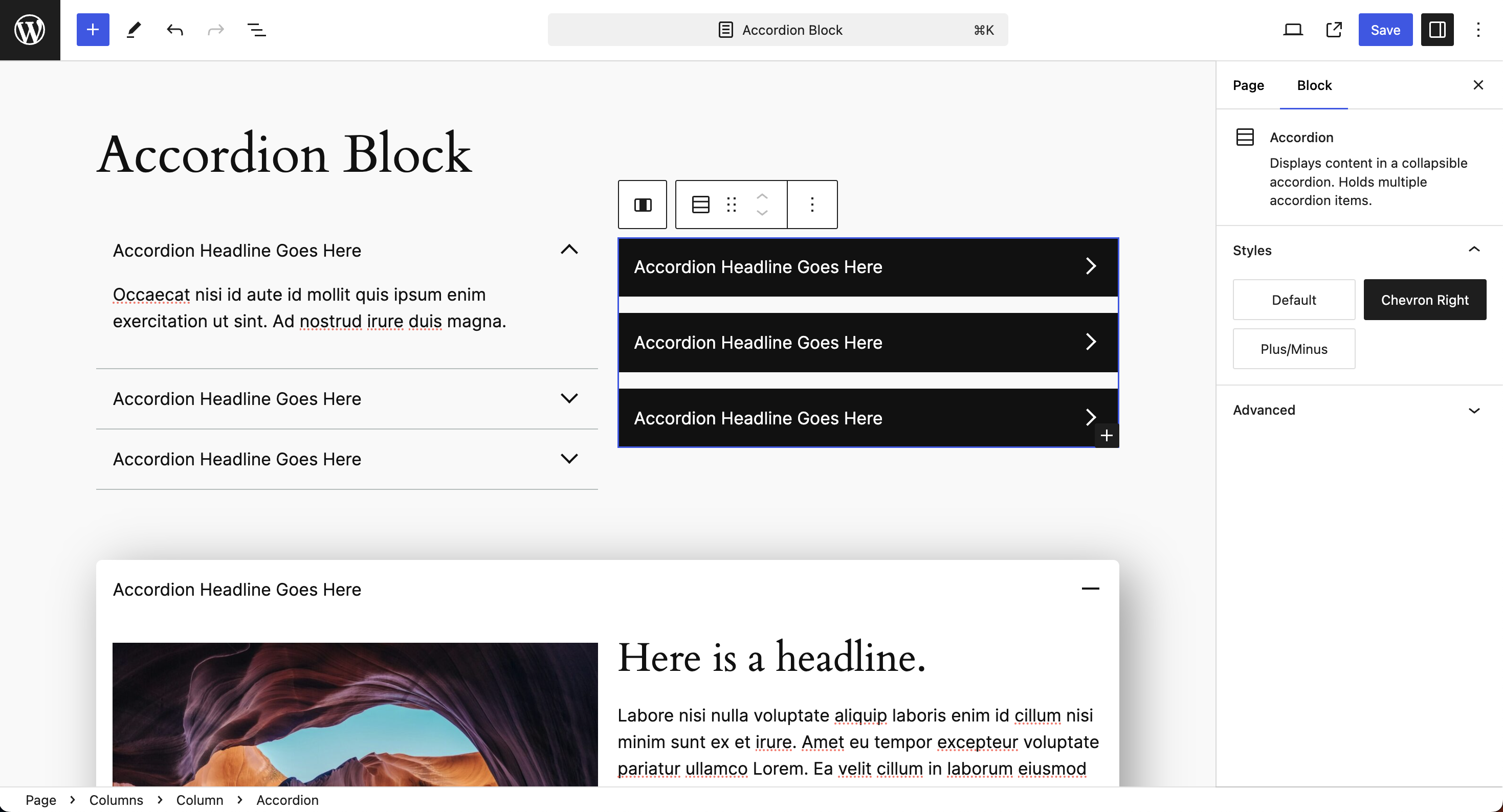 Screenshot of accordion block