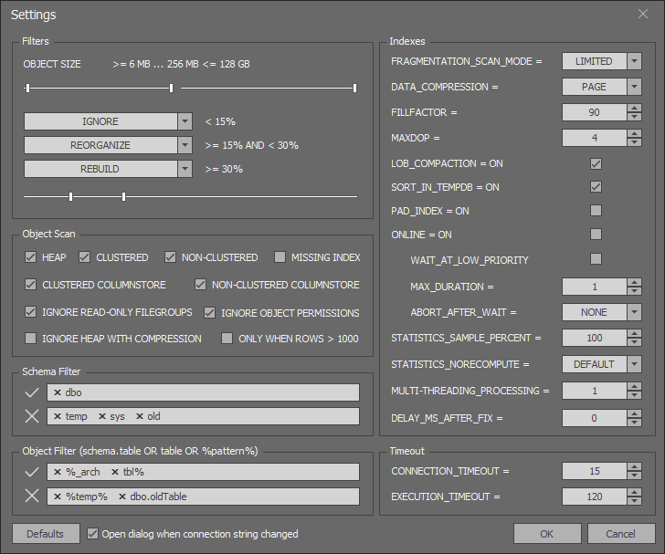 SQL Index Manager - Settings