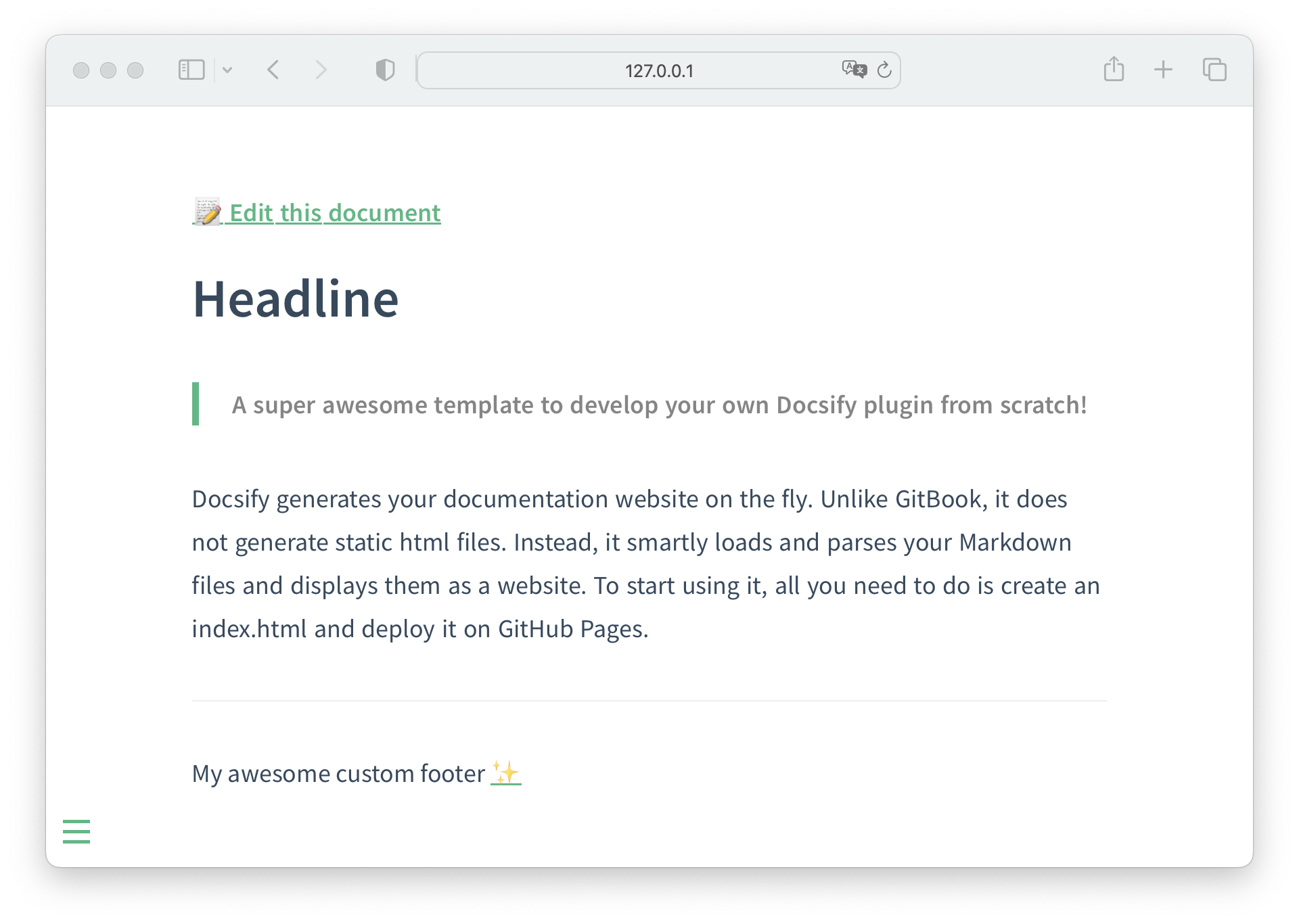 Illustration of the Docsify plugin to add edit button and footer to each page