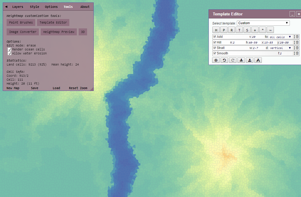 Heightmap showing a strait between two hilly areas.