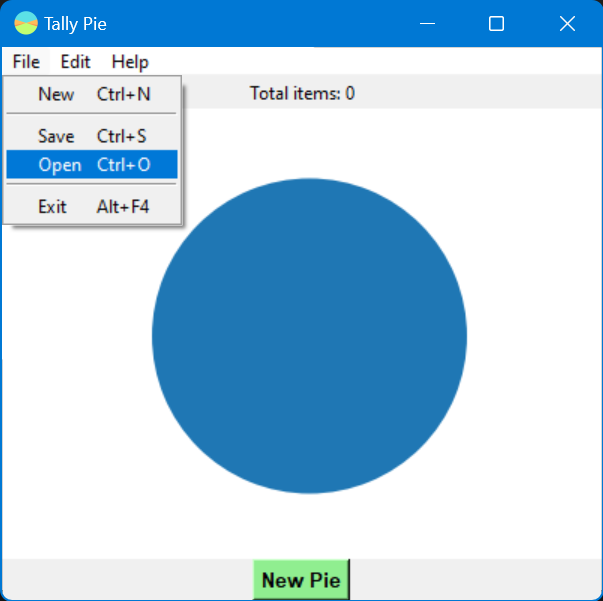 Screenshot of Tally Pie's UI with the File menu expanded and the Save menu item highlighted.