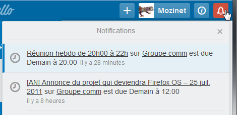 Menu Notifications dans Trello