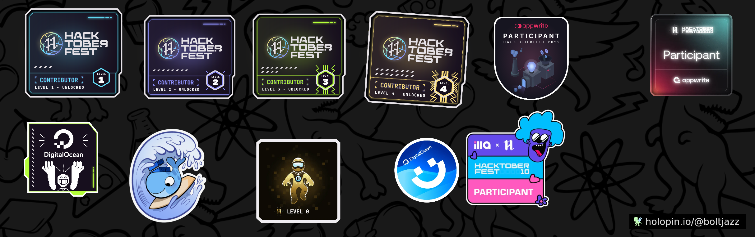 An image of @boltjazz's Holopin badges, which is a link to view their full Holopin profile