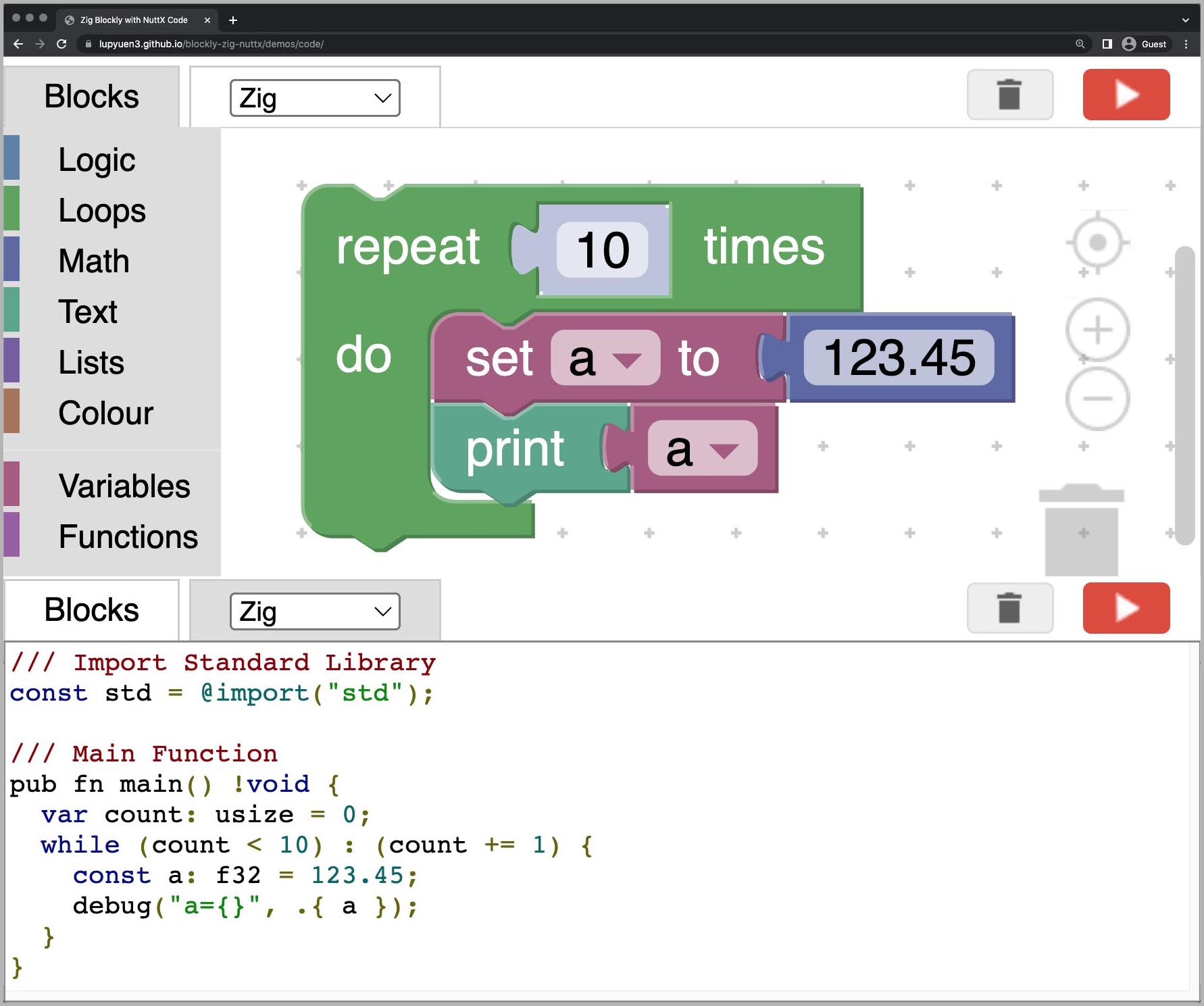 Visual Programming for Zig with Blockly