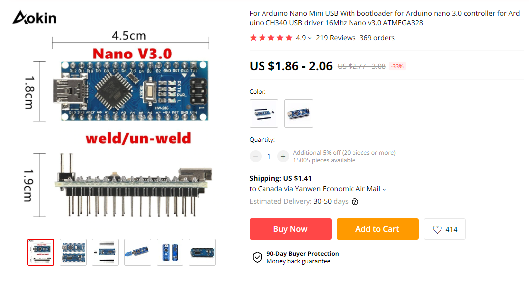 Listing for an Arduino Nano on AliExpress