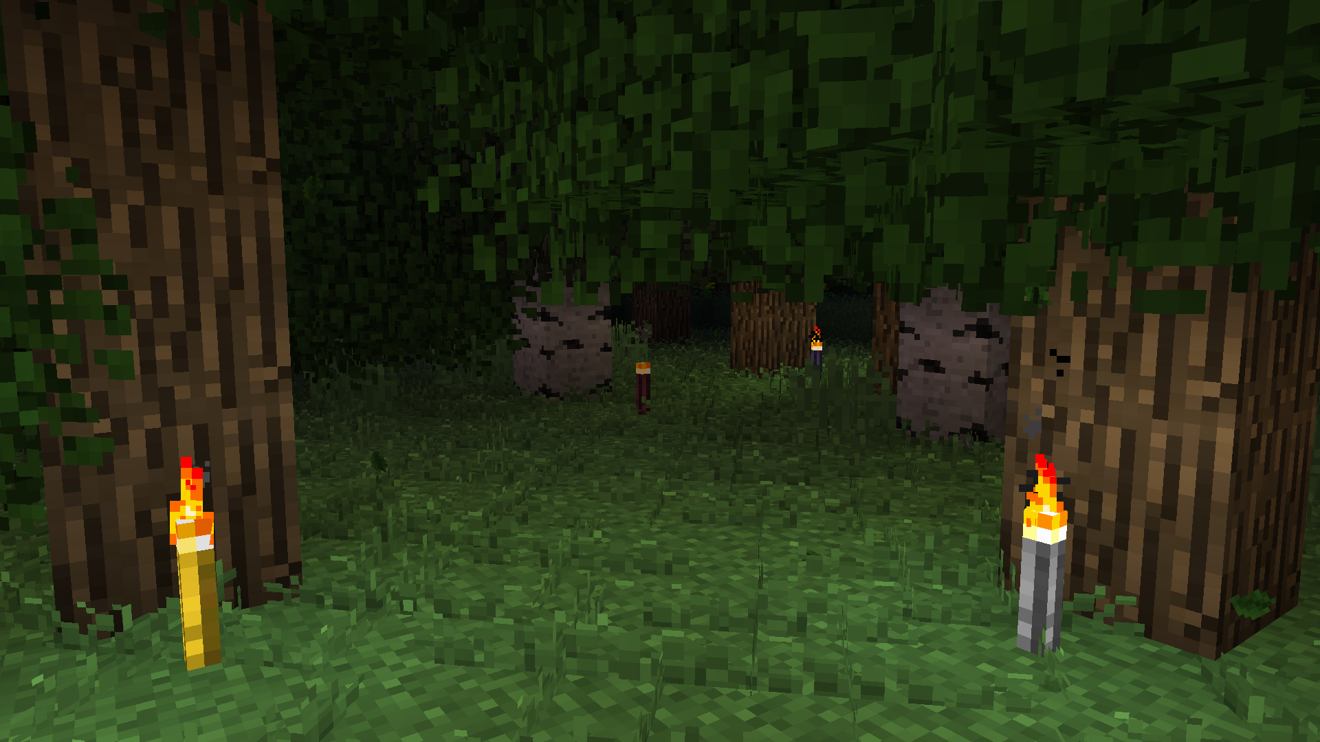 In-game screenshot of various torches in a forest