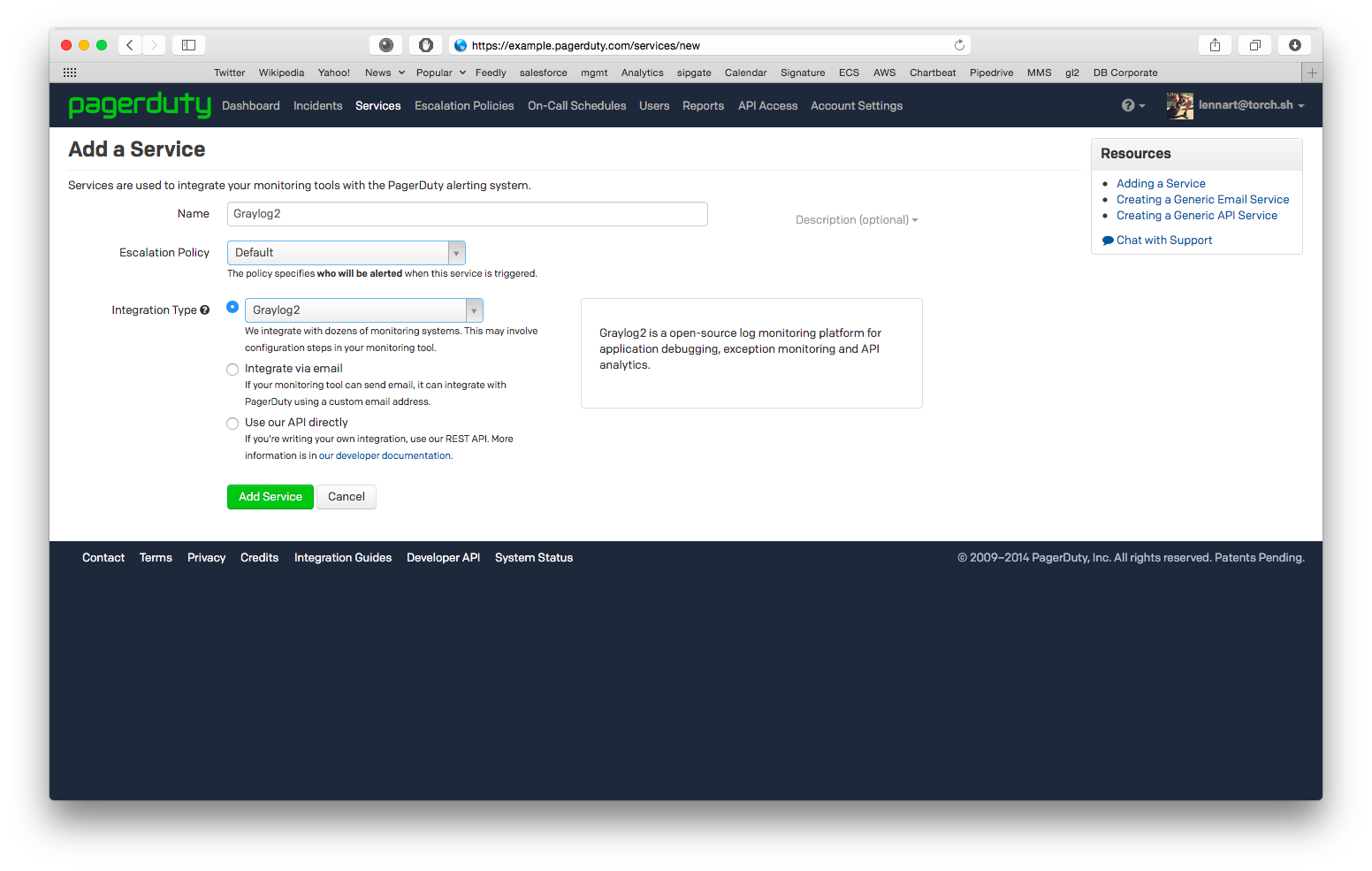 Screenshot: Adding a new service in PagerDuty