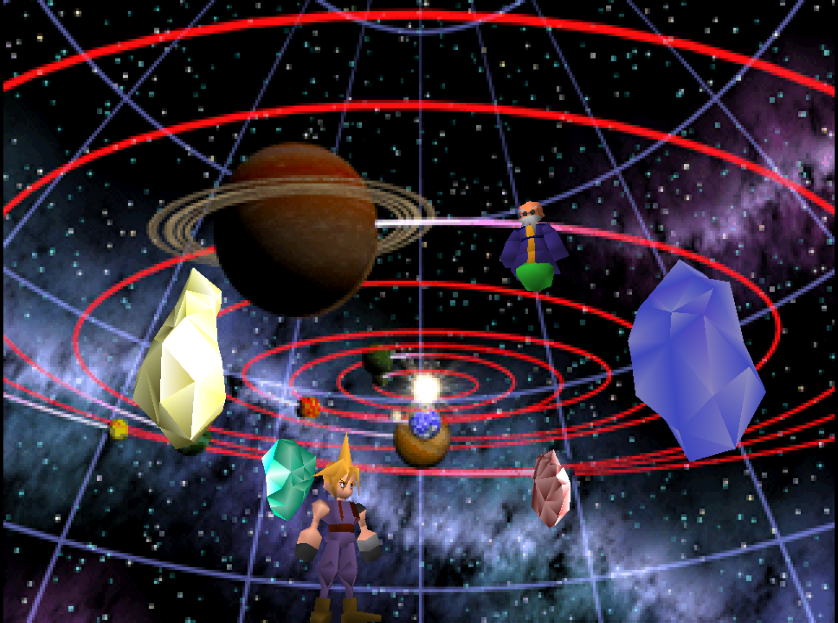 Cloud stands in the elevated planetarium with the four Huge Materia, large crystals each colored yellow, green, red, and blue