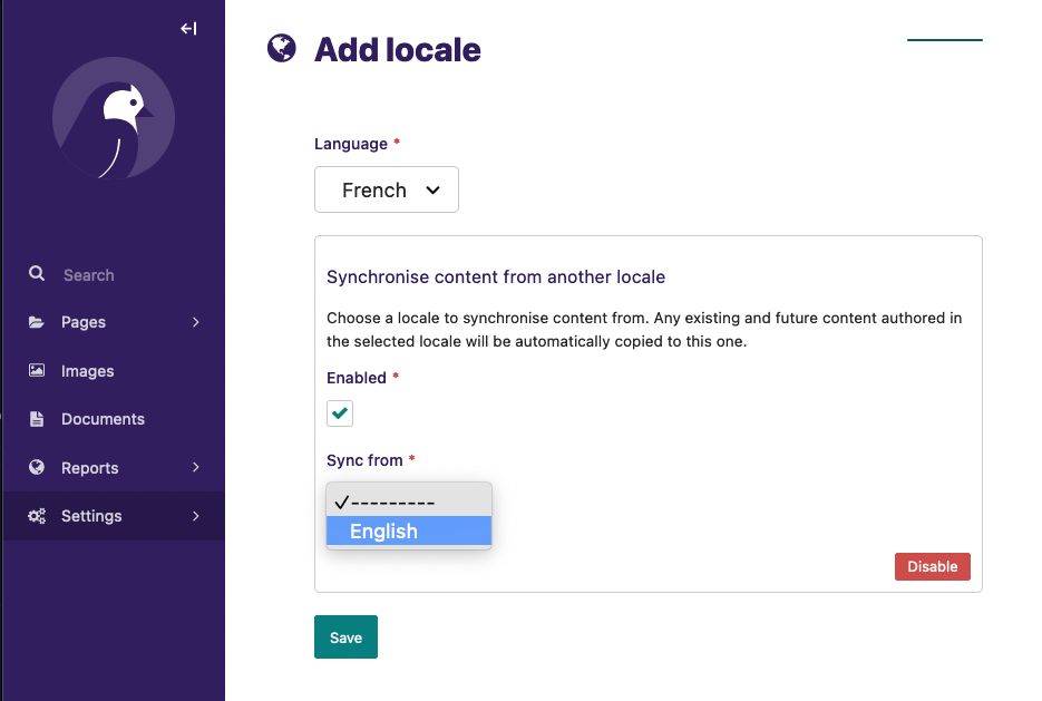Screenshot showing how to add a locale to Wagtail