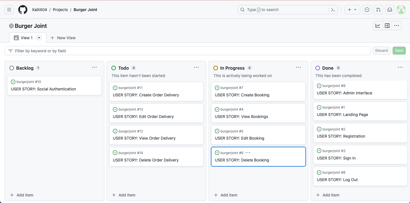 image of the burger joint project agile kanban board