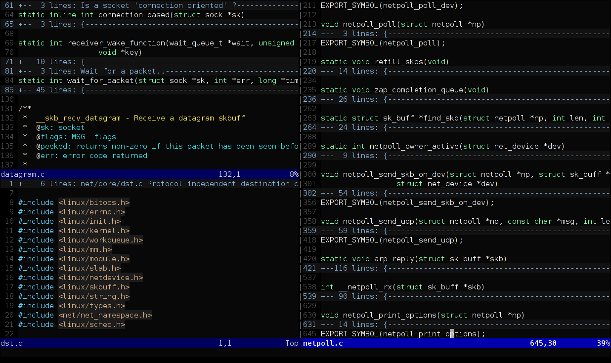 Vim (text editor) in a terminal emulator, with line numbering, a split screen and syntax highlighting.