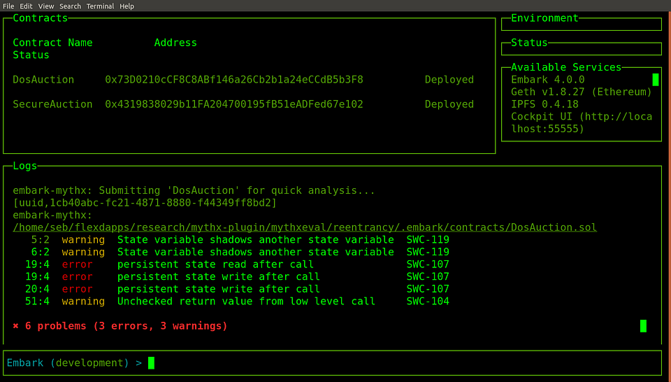 Running MythX analyses in Status Embark