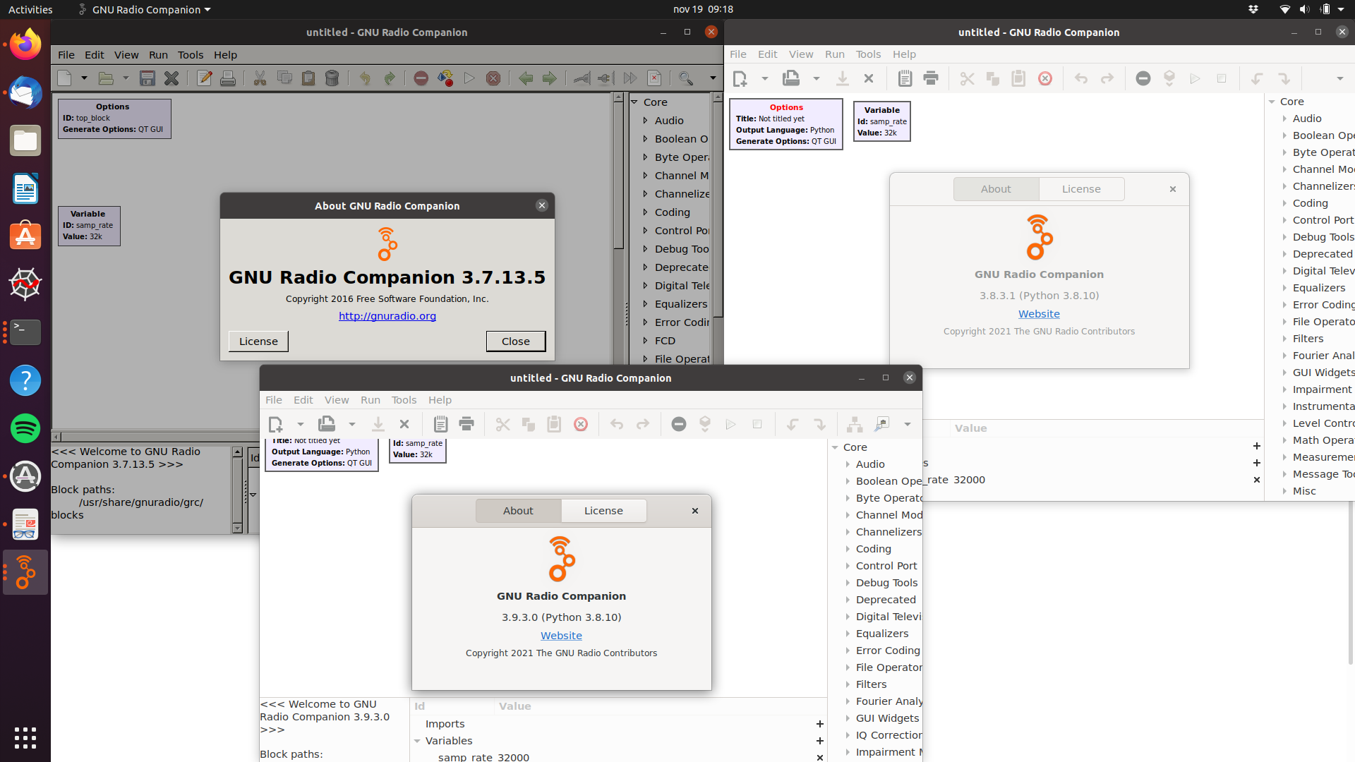 Screenshot of three GNU Radios