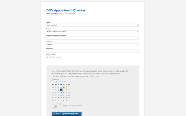 DMV Appointement checker screenshot