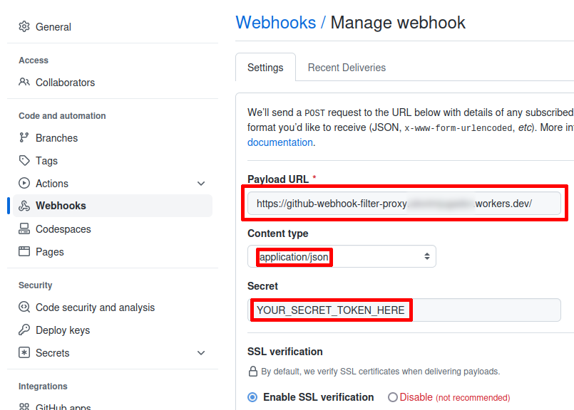 GitHub webhook configuration screen