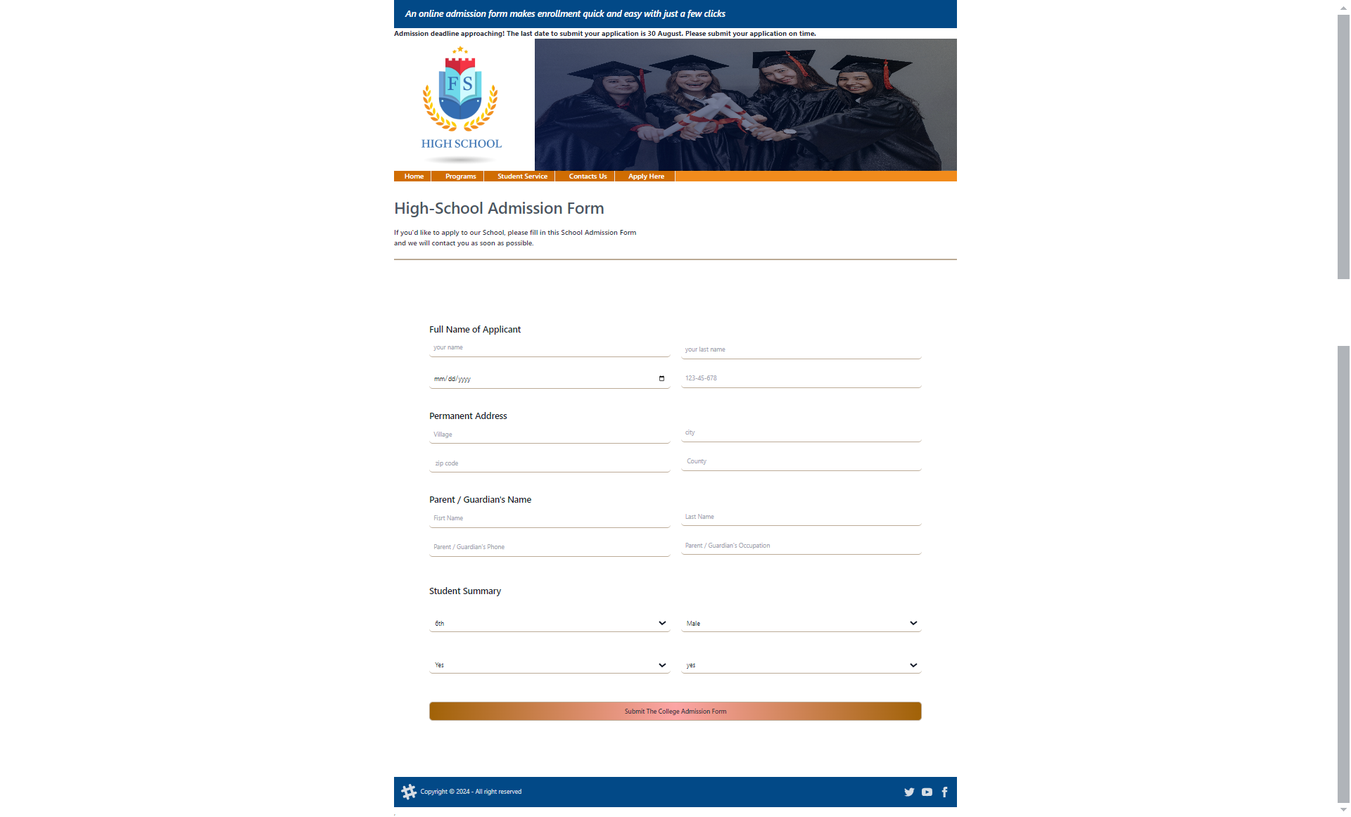 Screenshot of Admission Page