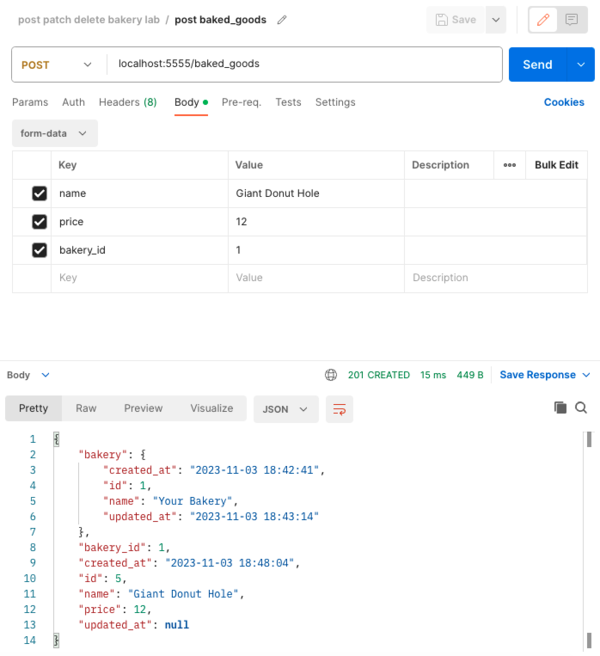 POST request with form data for a baked good's name, price, and bakery_id