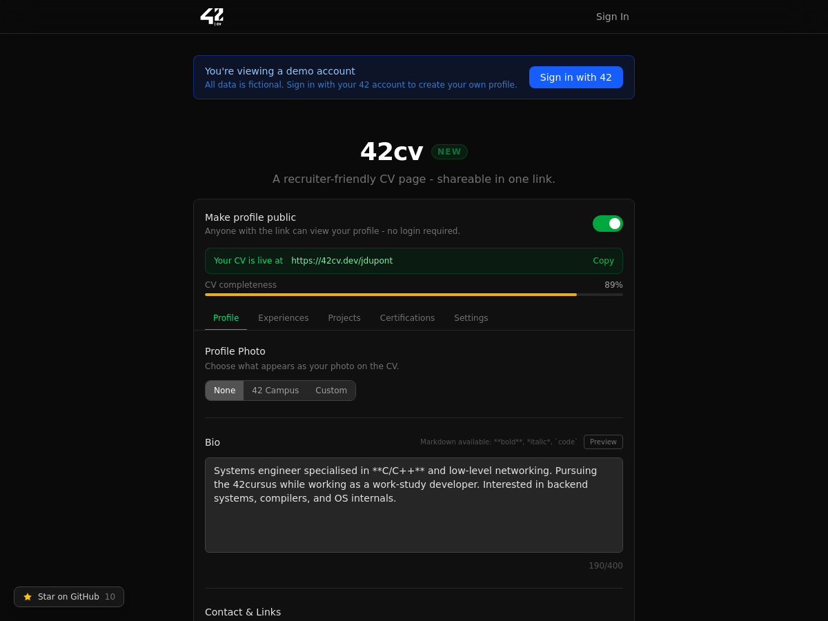42cv.dev dashboard demo