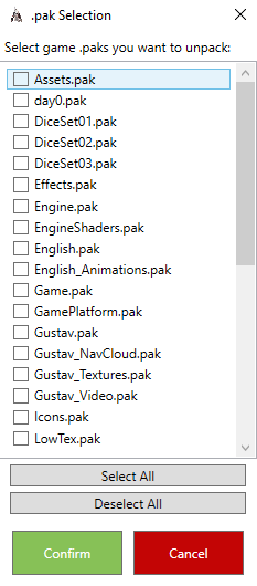 Screenshot of the .pak Selection window