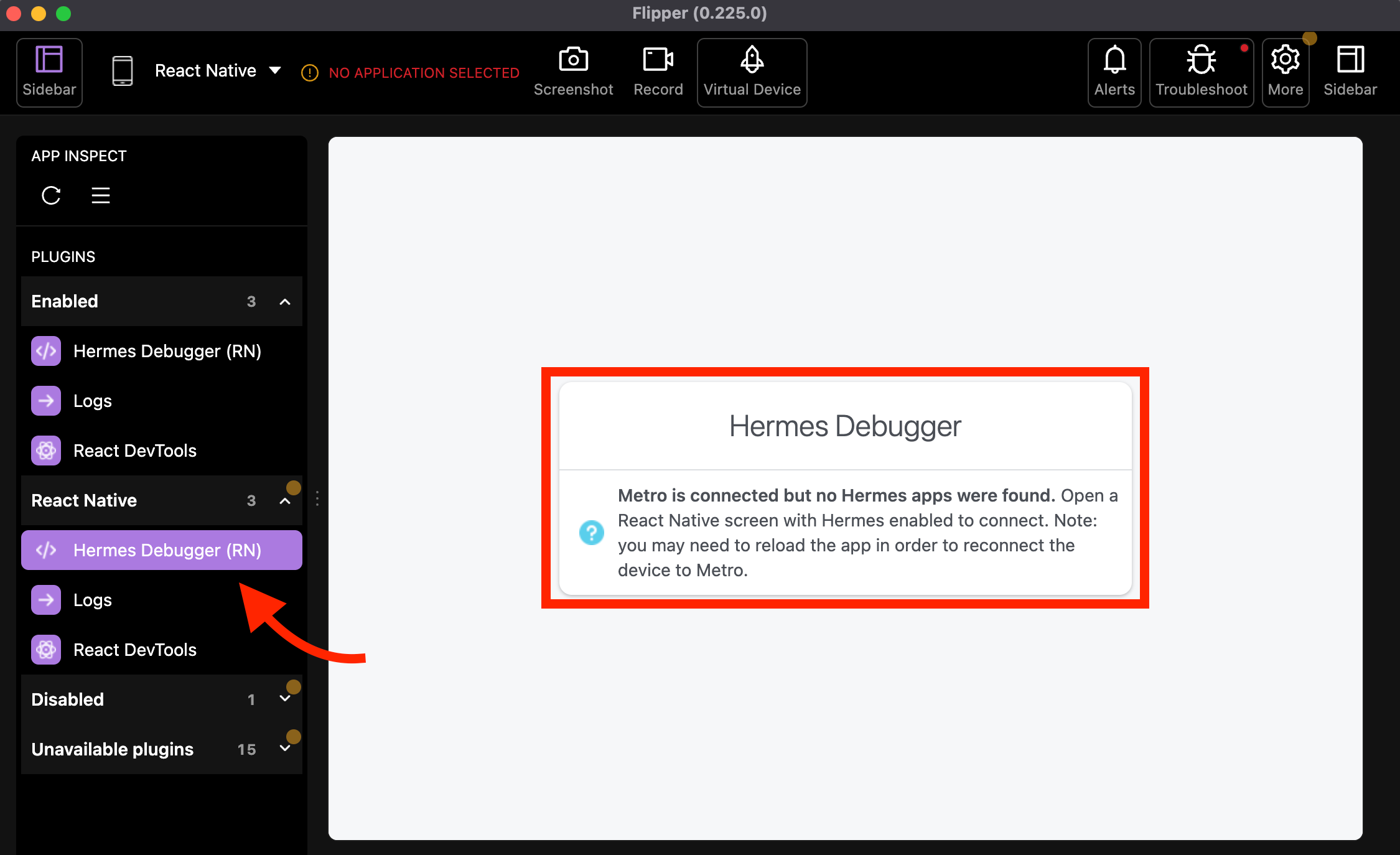 Hermes Debugger (RN) not found any Hermes enabled app.