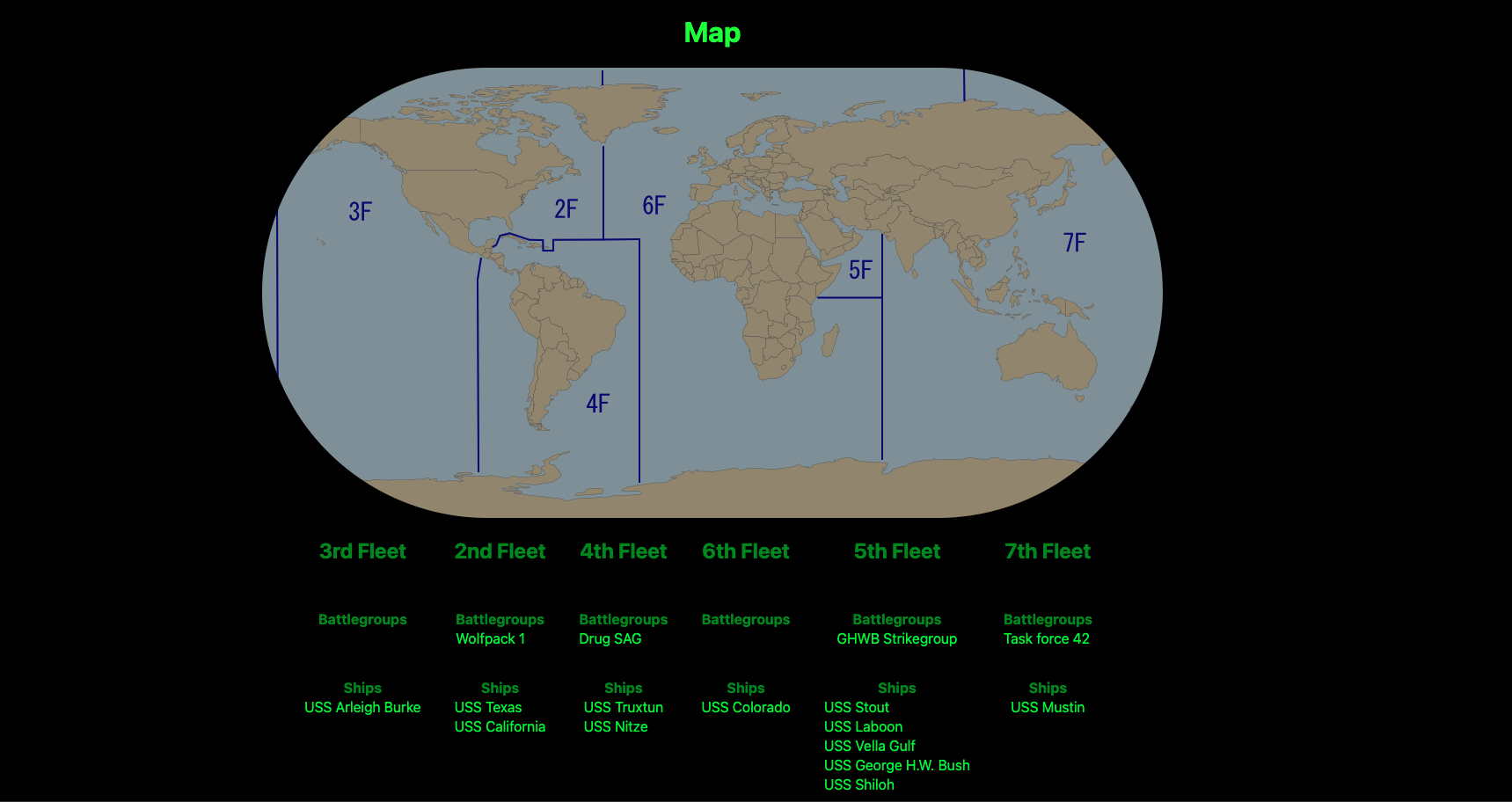 The map view, displays all ships and battlegroups.