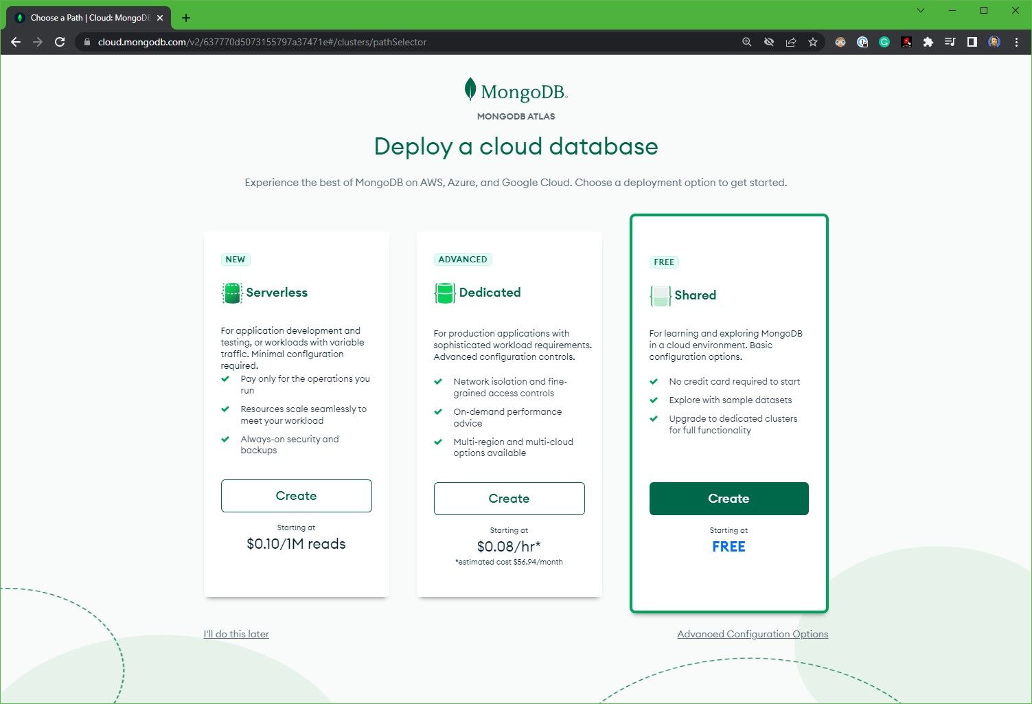 Cluster chooser for MongoDB Atlas