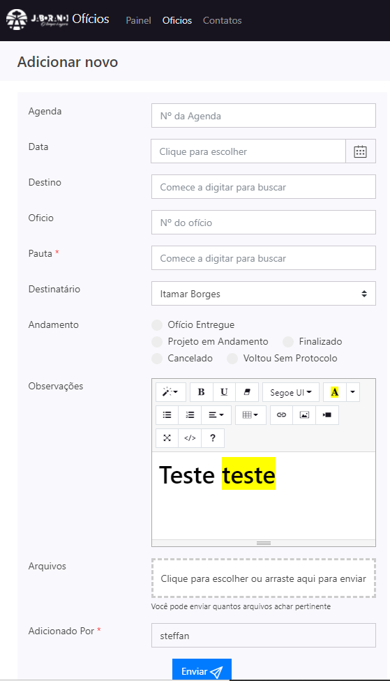 Tela para adicionar novo registro