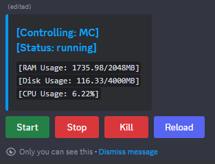 Discord embed with server resource usage information on it.  Buttons to control power state of server located below embed.