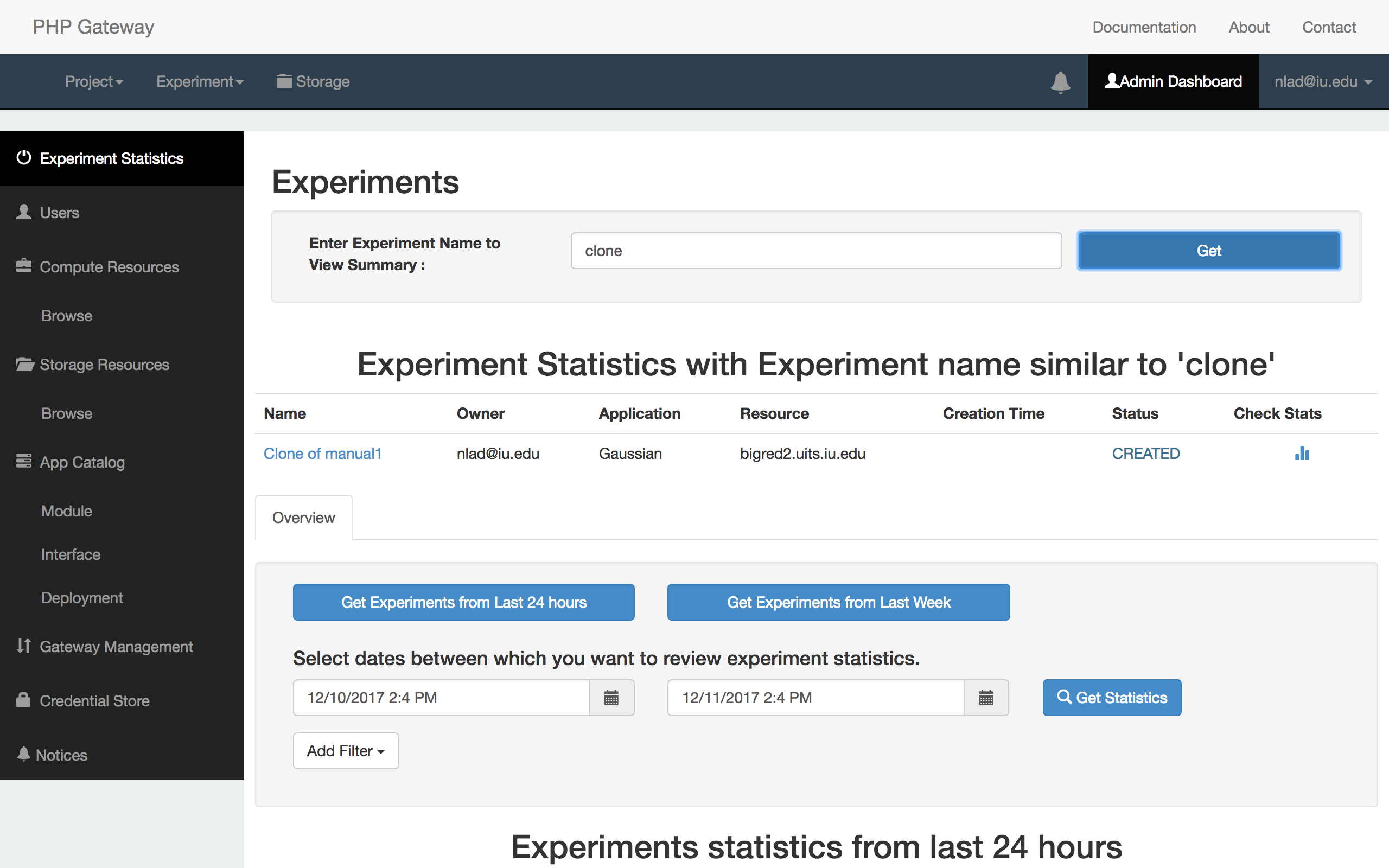 Screenshot of successful search with Experiment Name substring