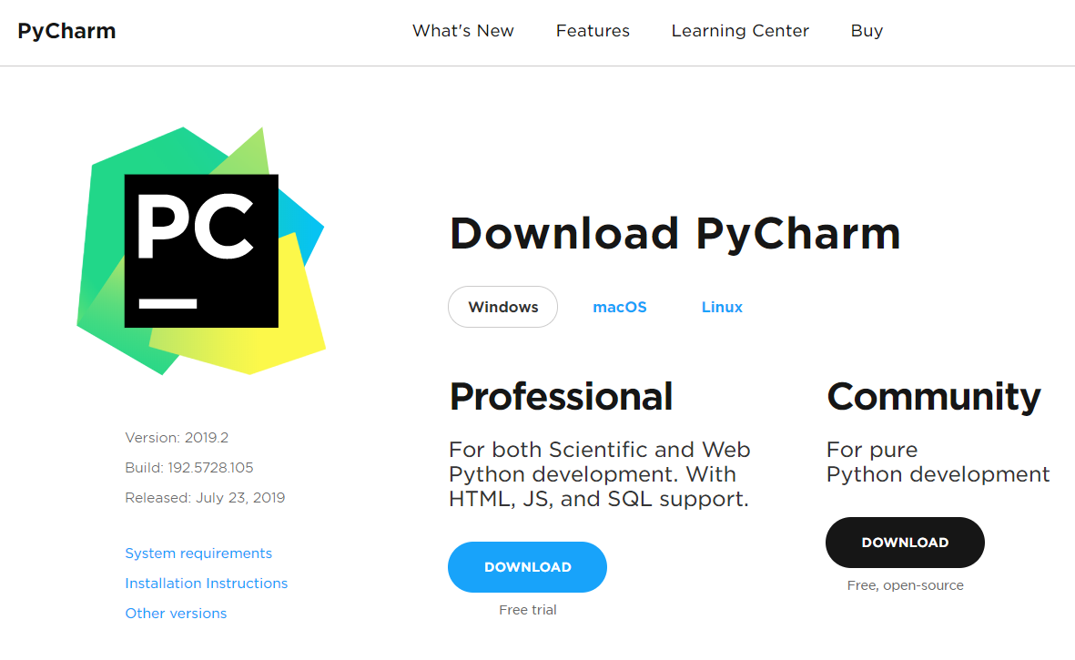 Correct Pycharm download page