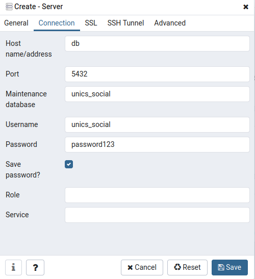 Add Server -> Connection