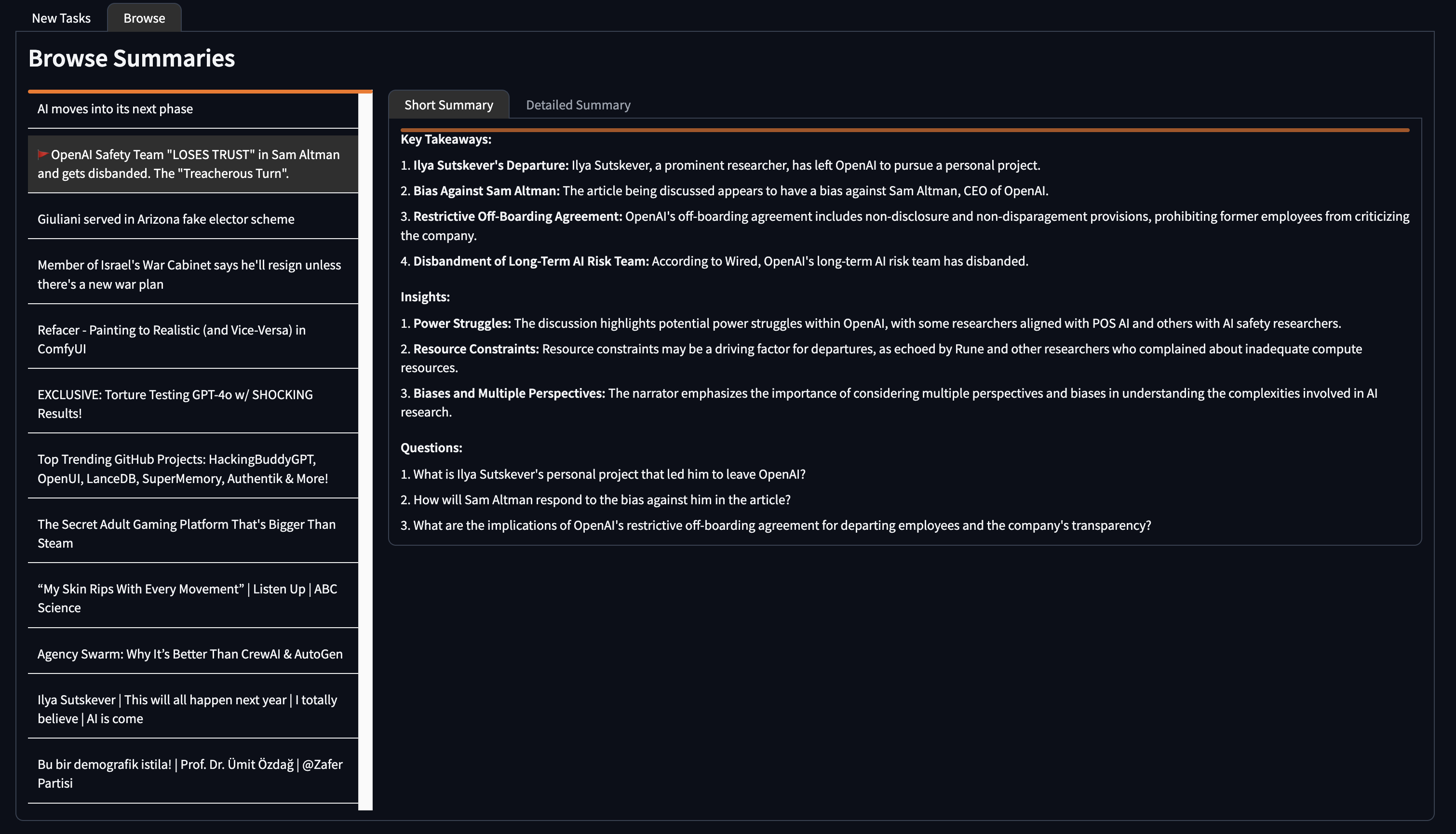 Screenshot of Browse Summaries tab