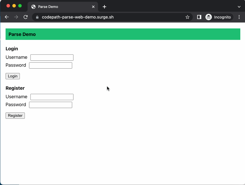 GitHub - codepath/parse-web-demo · GitHub