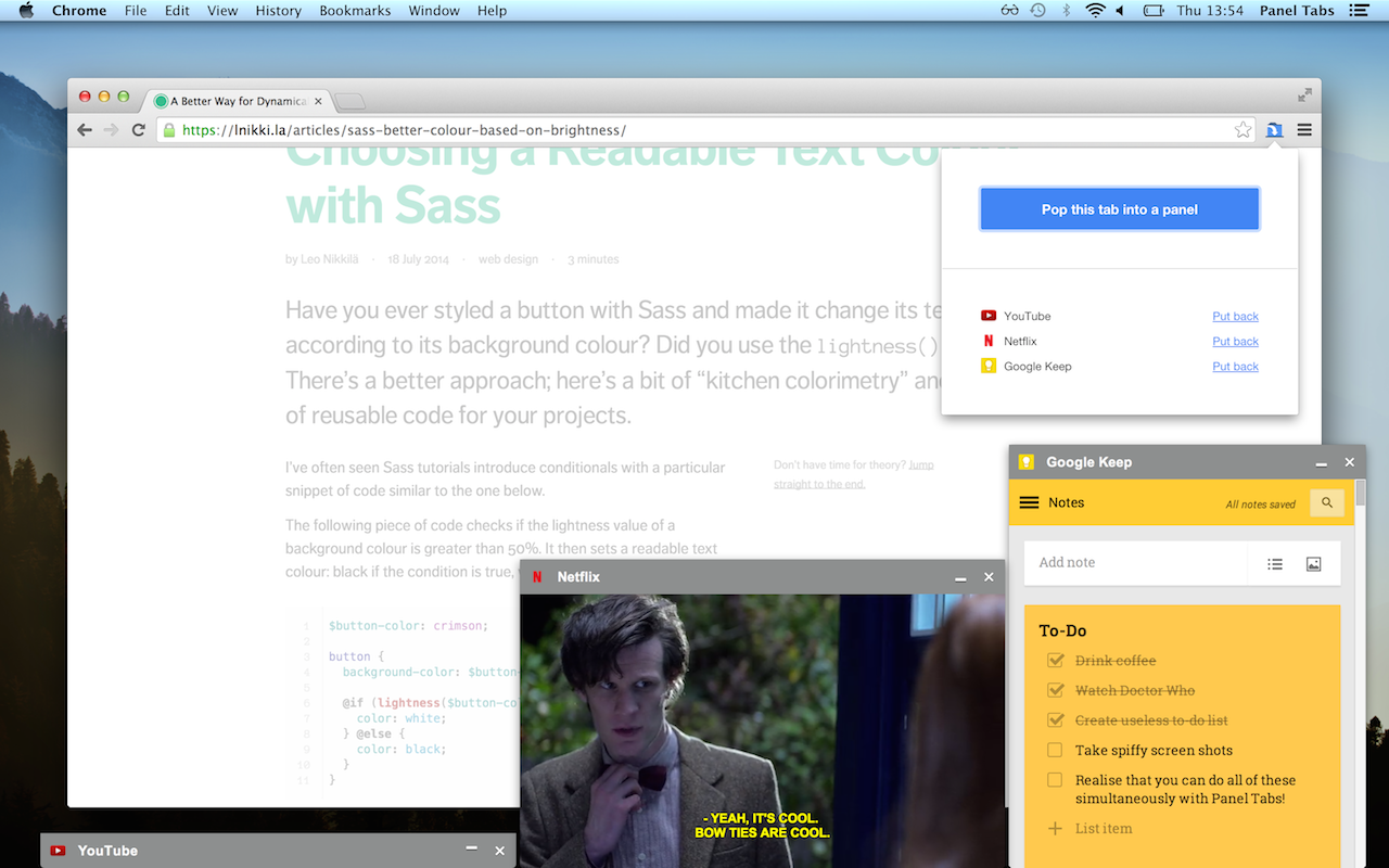 A screen shot of the extension’s popup, Netflix and Google Keep open in panels.