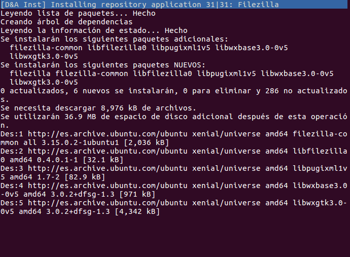 Screenshot installing an application on terminal mode